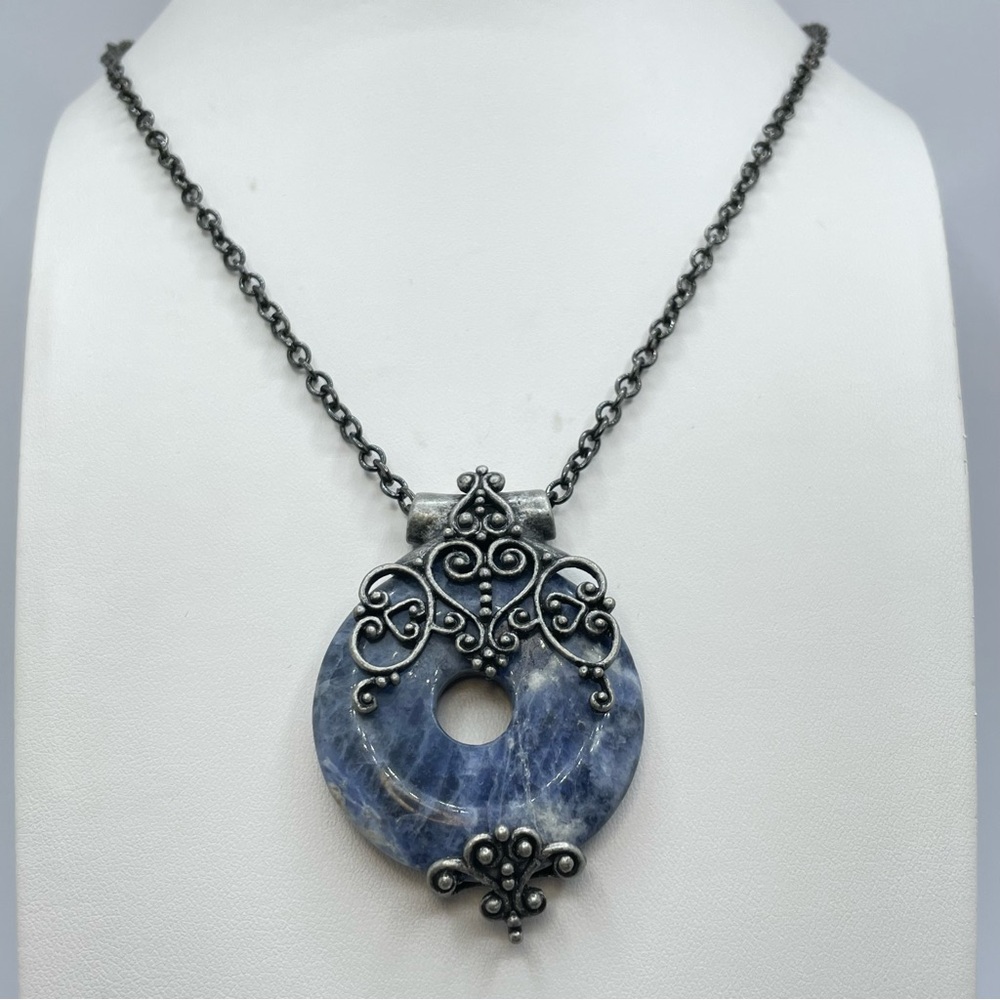 Sodalite Gemstone Donut Pendant Necklace Gunmetal Ornate Boho Vintage